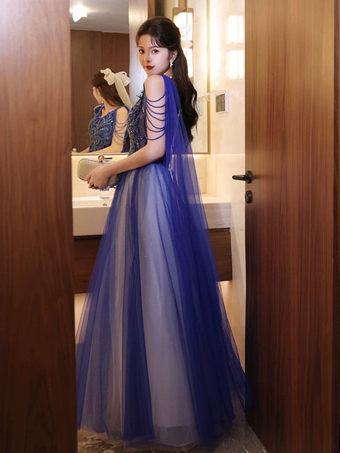 Blue and White V-neckline Floor Length Tulle Party Dress, A-line Long Formal Dress Prom Dress